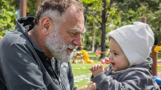 Ein Großvater mit seinem Enkelkind auf dem Spielplatz